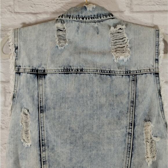 A Chiqle Denim Architect Light Acid Wash Distressed Ripped Denim Jean Vest S - Picture 7 of 11